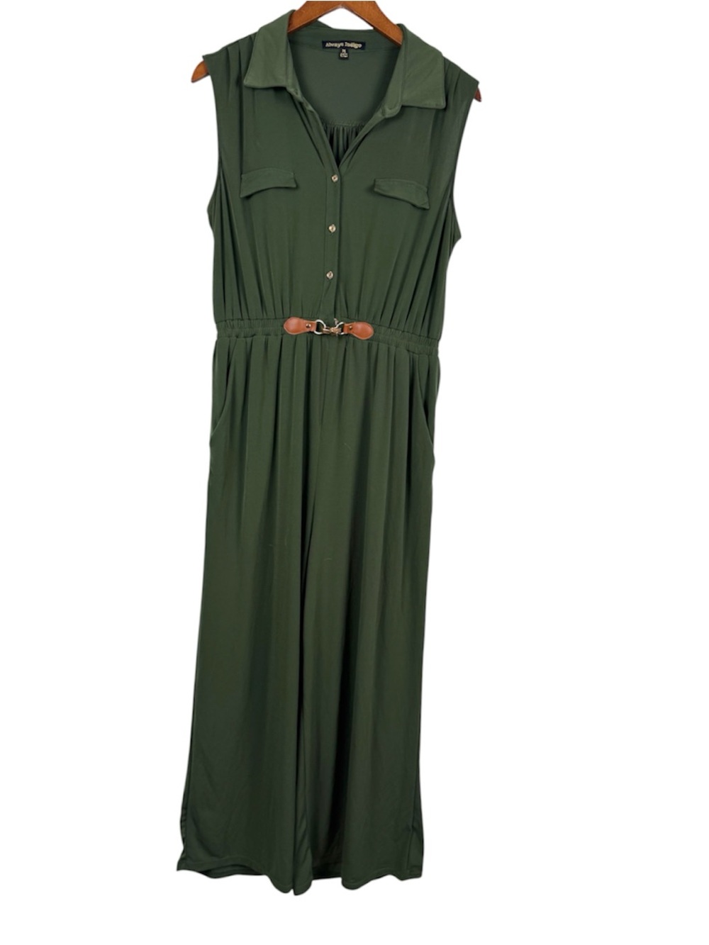 Always Indigo Sleeveless Olive Collared Utility Jumpsuit with Brown Belt Size LP